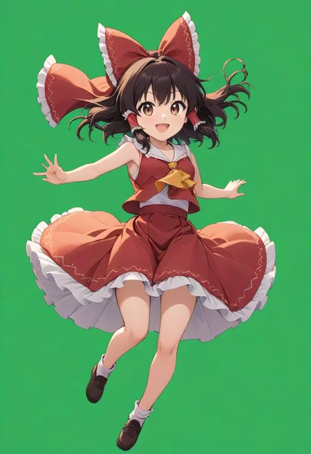 hakurei reimu, 1girl, red_bow, hair_bow, frilled_bow, frilled_hair_tubes, w, open mouth , sakura skirt<lora:hakurei_reimu_image6409_2023-12-06-000004:1>,symbol-shaped_pupils,. gorgeous,key visual, vibrant, studio anime,award-winning, professional, highly detailed,high budget, cinemascope, jump, fantasy, masterpeice, sakura skirt, smile, creative, artwork, magic, floating , jump forward, energetic, excited, simple backgound, single color background, charming, wind,green screen