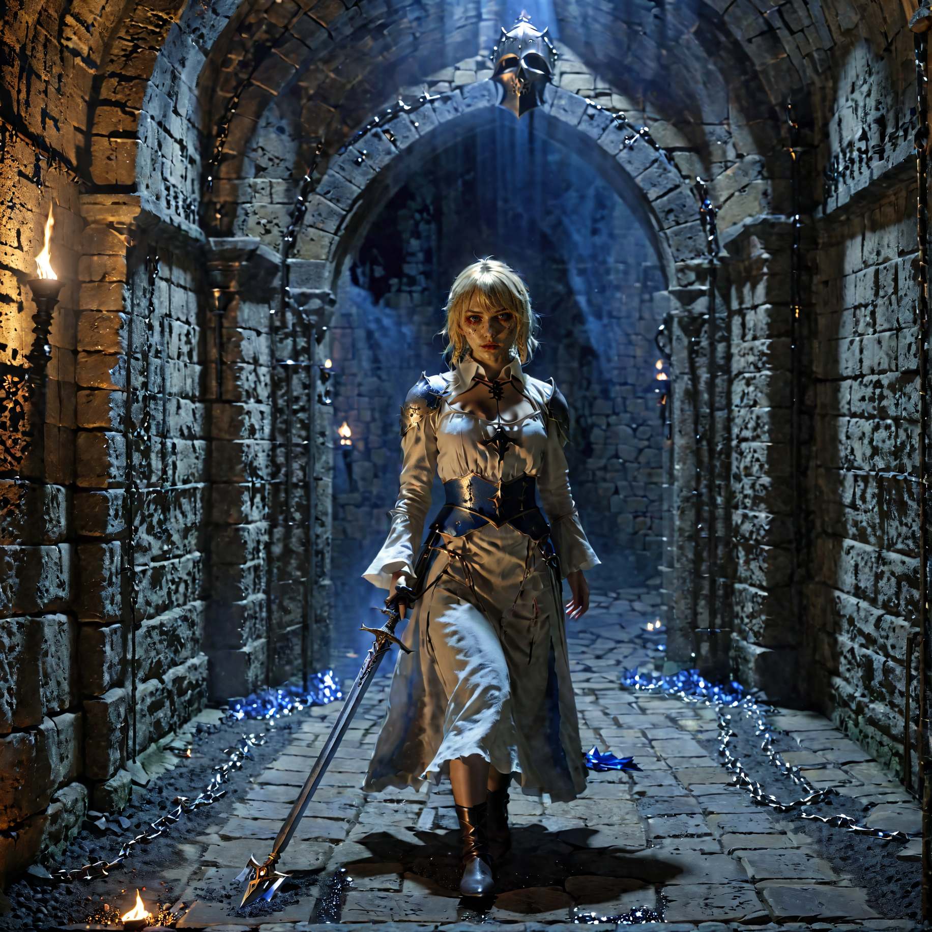Horror-themed 1girl, artoria pendragon \(fate\), <lora:The_Deep_Dark_Dungeon-SDXL:0.8>, deepdarkdungeon, best quality, masterpiece, 4k, uncensored, prefect lighting, rating_explicit, very aesthetic, detailed, <lora:add_details_xl:0.6>, very detailed, <lora:SDXLHighDetail_v5:0.6> . Eerie, unsettling, dark, spooky, suspenseful, grim, highly detailed