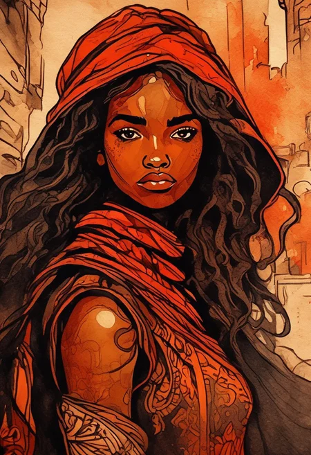 (Ink illustration on parchment). coal skies painted in vibrant shades of red and orange, a lone young woman ina massive medieval city, fantasy rogue outfit, lickers of magical energy, Ink splashes, rough ink sketch, moody, gloomy, high contrast, stylized, dark skin, close up on face, leather medieval top with straps, Art Nouveau Style, face portrait close up, African girl with intense expression, freckles
