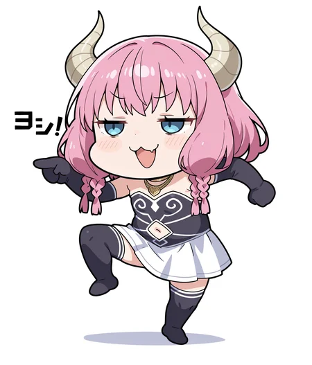 masterpiece,best quality,high quality,amazing quality,absurdres,highres,very aesthetic,ultra detailed,
1girl,solo,
<lora:genba_neko_like_v2:1.2>,genba_neko,chibi,pointing,standing on one leg,:3,open mouth,meme,parody,
<lora:Aura:0.5>,AAura,demon horns,pink hair,demon girl,multiple braids,braid,blue eyes,choker,necklace,strapless dress,elbow gloves,black gloves,navel cutout,white skirt,black thighhighs,
smile,smug,
simple background,white background,full body,