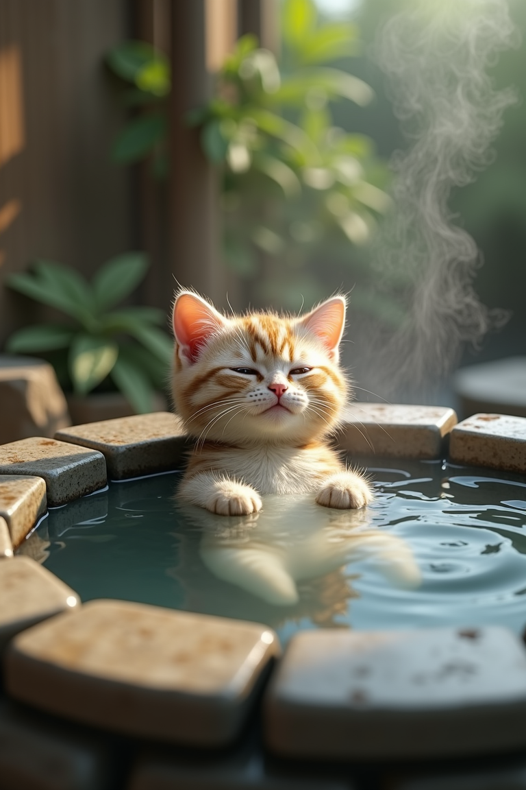 A cute cat soaking in an outdoor hot spring pool made of stone blocks, looking extremely relaxed and comfortable. The scene is rendered in an ultra-realistic anthropomorphic style, capturing intricate details and lifelike textures. The background features a serene natural setting, with steam rising gently from the hot spring.
