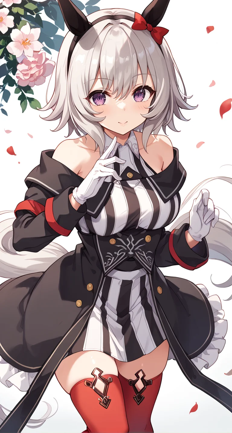 score_9,score_8_up,score_7_up,
official art,official style,game cg,megami magazine,
uncensored,
1girl,
crc race,curren chan (umamusume),
animal ears,bare shoulders,black coat,coat,gloves,
highres,horse ears,horse girl,horse tail,long sleeves,
off-shoulder coat,off shoulder,red legwear,short hair,
tail,white gloves,blush,ear covers,grey hair,hair between eyes,
red thighhighs,striped,thighhighs,violet eyes,black dress,boots,dress,
thigh-highs,ear ribbon,red ribbon,ribbon,white hair,black hairband,
bow,ear bow,hairband,red bow,off-shoulder dress,purple eyes,
striped clothes,striped dress,white dress,bangs,black jacket,
eyebrows visible through hair,jacket,vertical-striped dress,vertical stripes,
silver hair,collared dress,off-shoulder jacket,sleeveless,sleeveless dress,
standing,
<lora:umamusume_curren_chan_pony_v1:1>,