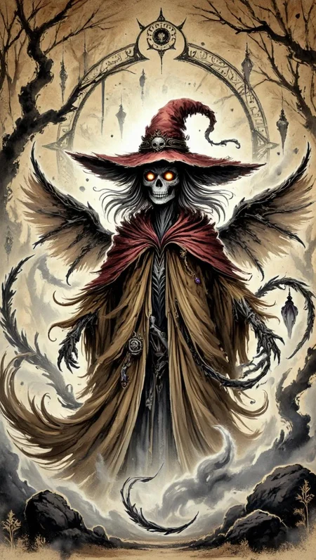 <lora:16B73FD9A3F5F66781E7D81D2970E9F1ACB1A8086B934329207E940D4FC64EB3.safetensors:1> Inkwashara
In this evocative digital artwork, the scene unfolds on a parchment-like canvas, where time and history have etched their marks. The central figure is a skeletal demon, its form carved from bone and shadow, emanating an aura of ancient and untamed power. Its glowing orange eyes stand out starkly, piercing through the mist like beacons of malevolent intent. The demon wears an oversized, floppy red witch's hat, adorned with a tiny skull emblem that glimmers with a subtle, otherworldly light. A ragged brown cloak drapes over its bony frame, the fabric worn and frayed, suggesting ages of wear and tear. Wispy, black wings extend from its back, their edges tattered and translucent, adding a spectral quality to its presence.
The background is a tapestry of weathered parchment, overlaid with intricate script and geometric motifs that seem to tell a story of their own. The color palette is dominated by warm, earthy tones—gold, beige, and muted reds—interspersed with cooler shades of indigo and violet to create depth and contrast. The misty gray environment is filled with the silhouettes of twisted trees and ancient stones, their forms blurred and ethereal, enhancing the eerie, time-worn atmosphere. Soft, diffused lighting casts gentle highlights on the demon’s form, accentuating the emotional depth and the sense of history that permeates the scene. The overall composition is a harmonious blend of realism and artistry, evoking a feeling of timeless, gothic elegance.