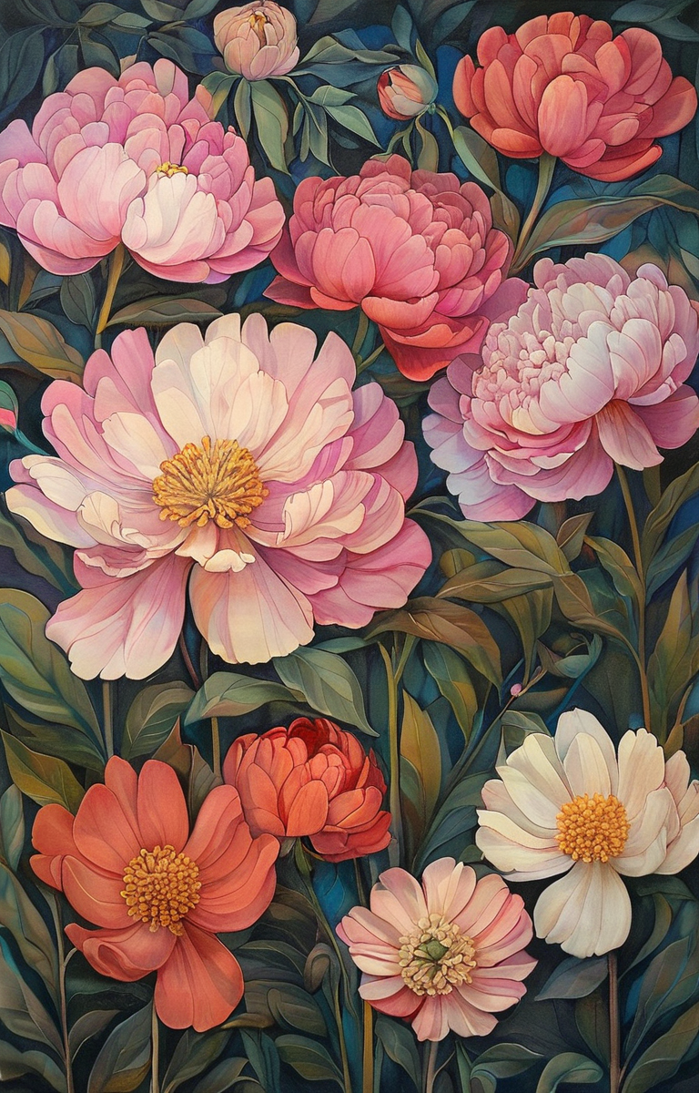 masterpiece,best quality,<lora:tbh256-sdxl:0.9>,illustration,style of Alida Akers decaying peonies