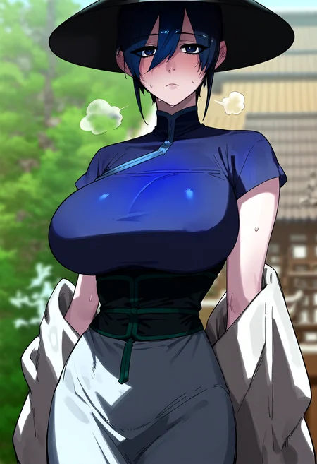 score_9, score_8_up, score_7_up, score_6_up, source_anime, rating_explicit, <lora:neg4all_bdsqlsz_V3.5:2.0>1girl, (solo:1.1), huge breasts, <lora:Dan Lihuaponyxl:1> short hair, black hair, hair between eyes, blue hair, blue eyes, black eyes, short sleeves, chinese clothes, china dress, blue shirt, white skirt, long skirt, black hat, expressionless, Narrow shoulders, heavy breathing, sweat, steaming body, forest, outdoor, looking at viewer