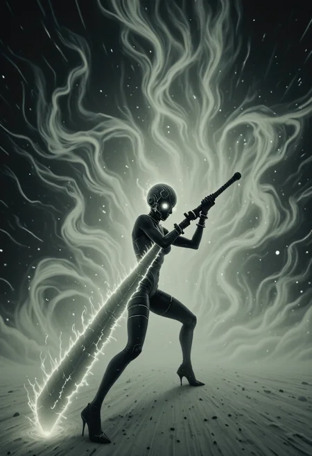 A hauntingly beautiful, cinematic shot showcases a terribly lethal yet graceful biosynthetic humanoid woman. With her bright synthetic eyes and white matte translucent skin that appears as if made of frosted glass or polished alabaster, she wields an unbelievably massive sword more than twice her size with finesse and ease, making every movement seem like a dance rather than brutal violence. Backlighting creates dramatic atmospheric glow around the woman, illuminating swirling elements in the air while highlighting sharp edges of her frightening visage. Her face is focused yet subtly happy as she cuts through the air with her massive sword, leaving a trail that seems to glimmer and shimmer with every swing. The scene captures both the intense lethality of this biosynthetic warrior and the haunting beauty inherent in her synthetic form., <lora:m100-style_v.02:0.096><lora:m100-flux:0.5> M100-style,<lora:Dystopian_Style:0.64> 0y5top1a8e, <lora:The_Vanguard:0.5> SentinelBot <lora:ssw:0.75> giant sword, A hauntingly beautiful, cinematic shot showcases a terribly lethal yet graceful biosynthetic humanoid woman. With her bright synthetic eyes and white matte translucent skin that appears as if made of frosted glass or polished alabaster, she wields an unbelievably massive sword more than twice her size with finesse and ease, making every movement seem like a dance rather than brutal violence. Backlighting creates dramatic atmospheric glow around the woman, illuminating swirling elements in the air while highlighting sharp edges of her frightening visage. Her face is focused yet subtly happy as she cuts through the air with her massive sword, leaving a trail that seems to glimmer and shimmer with every swing. The scene captures both the intense lethality of this biosynthetic warrior and the haunting beauty inherent in her synthetic form., <lora:m100-style_v.02:0.35><lora:m100-flux:0.65> M100-style,<lora:Dystopian_Style:0.6> 0y5top1a8e, <lora:The_Vanguard:0.5> SentinelBot
