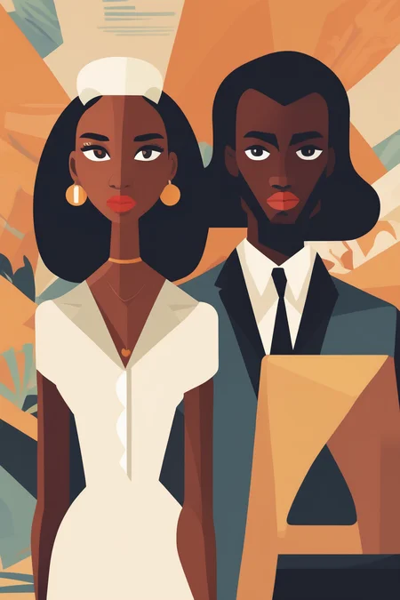 Josh Agle Style - a flat design illustration of a black woman and a white caucasian man.