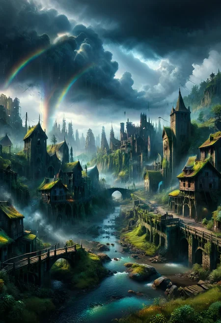 dark, low-key, hvrn, heavy rain,
A detailed dramatic illustration of a rainbow over a dark fantasy medievil country village with bridges, with grey color dark magic splash, rainbow in the sky, rainbow over a dark fantasy country village, heavy rain, dark gothic, 3D Vector Art, fantasy art, watercolor effect, bokeh, Adobe Illustrator, hand-drawn, digital art, isometric style, retro aesthetic, focused on the character, 4K resolution, photorealistic rendering, using cinema 4D, view from above, 
Wide range of colors., Dramatic,Dynamic,Cinematic,Sharp details
Insane quality. Insane resolution. Insane details. Masterpiece. 32k resolution.
dvr-lnds-sdxl, ral-apoctvisn, zavy-rmlght,