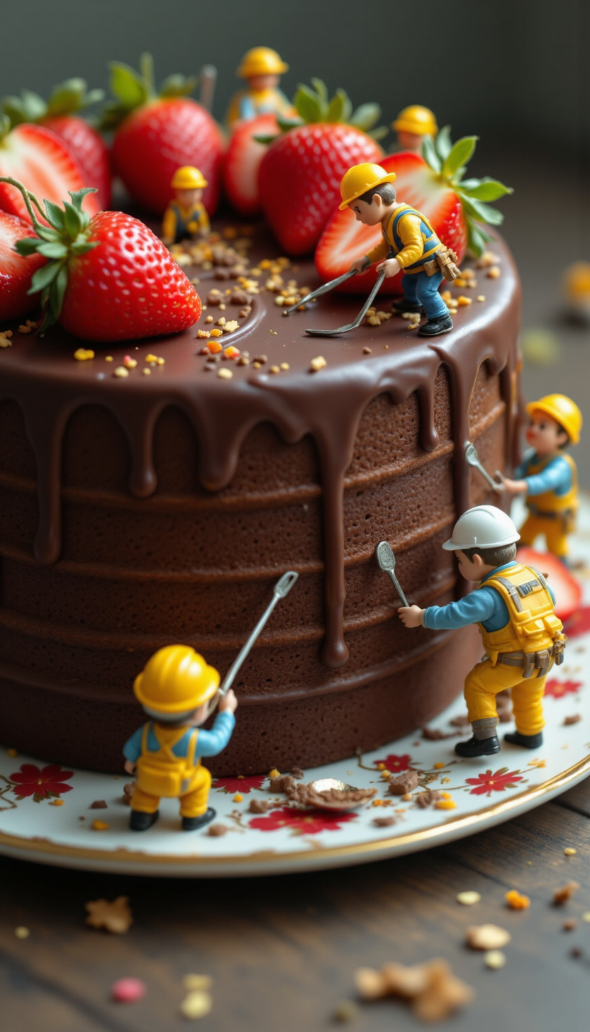 aidmafluxpro, pinkfluxproultrafantasia, 
Hyper-realistic macro shot of tiny construction workers decorating a giant chocolate cake. Some are piping intricate icing designs, while others are placing slices of strawberries and sprinkles on top. The cake is positioned on a decorative plate, creating a delightful and detailed mini culinary world.