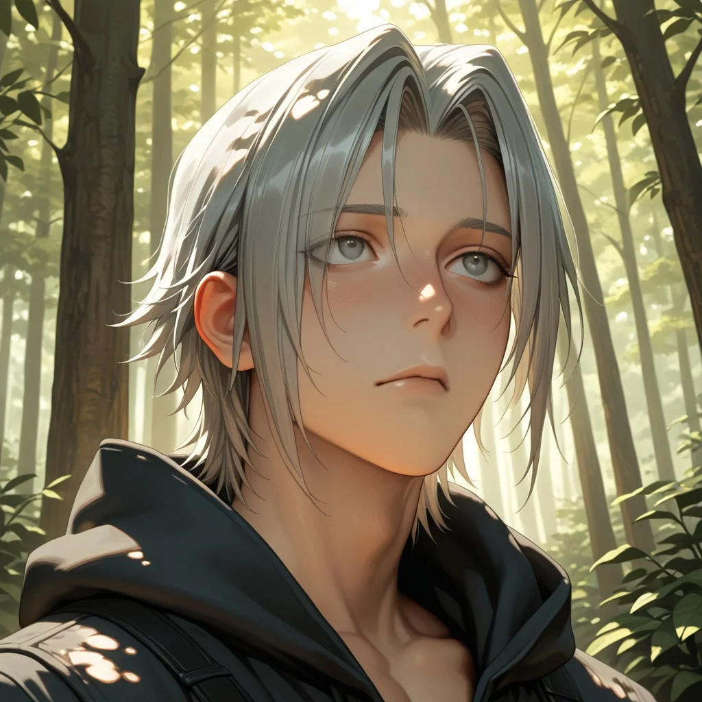 masterpiece, best quality, amazing quality, absurdres, newest, detailed background, definition so sharp, Ultra-HD, 8K cinematic, very awa, impressionate, amazing quality, highres,
solo, male focus, manly,
yashiroisana, 1boy, short hair, parted bangs, shiro_pretime, shiro_grey hair, shiro_grey eyes, looking around, curious expression, calm, forest, sunlight, dappled light, playful, aesthetic, serene, youthful