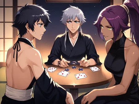 anime artwork Masterpiece, high quality, score_9, score_8_up, score_7_up, 3girls, sitting around one table, indoors, japanese room, table, strip poker, dim lighting, looking at another,  <lora:downbeat_Kirimoto_Yuuji_Assorted_Doujin_Artstyle_Blend_PonyXL:0.25>
BREAK serious, holding cards, looking to the side, <lora:bleach_soifon_ponyXL:0.8> soifon, black eyes, black hair, ribs, small breasts, short hair, sideboob, black japanese clothes, bare shoulders, hip vent, detached sleeves,
BREAK serious, smile, holding cards, <lora:izane:0.8> isane kotetsu, grey hair, grey eyes, large breasts, arm tattoo, short hair with long locks, japanese clothes, black kimono
BREAK  smug, holding cards, looking to the side,  <lora:YoruichiAnimagine:1> yoruichi, dark skin, dark-skinned female, large breasts, ponytail, yellow eyes, purple hair, parted bangs, bodysuit, black bodysuit, bare arms, bare shoulders,  . anime style, key visual, vibrant, studio anime,  highly detailed
