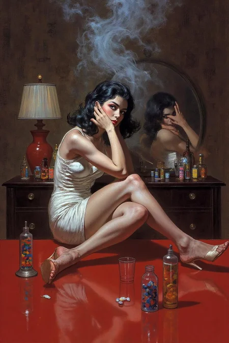 robmc1 illustration. Create a cinematic, surreal portrait of a woman seated at a cluttered red table, surrounded by mirrored reflections of herself. She wears intense red eye makeup that accentuates her expressive gaze. The scene is filled with translucent glass cups, pill containers, and small bottles, all creating an eclectic and moody atmosphere. Smoke rises around her, adding a dreamlike quality, while a wallpaper of hand-drawn symbols or calligraphy fills the background. The lighting is muted and soft, emphasizing a reflective and introspective mood with a retro, film-noir style <lora:robmc1_cap_d6a3e12:1.0><lora:820277322902126555:0>