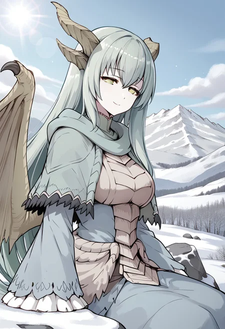 masterpiece,best quality,score_9, score_8_up, score_7_up, score_6_up,source_anime,<lora:PAARTHURNAX:0.9>, PAARTHURNAX,(gentle smile,half closed eyes,looking at viewer),(dragon horns, broken horn, dragon girl, dragon wings, very long hair, green hair, hair between eyes, green eyes,big breasts, 
capelet, dress),(upper body,from below,close to viewer),(sitting on rock),(deep shadows),(clear blue sky without a cloud in the sky,blue sky,clear sky,snow mountain,snow field,lens flare,snow on rock,light blue theme,cool lighting)