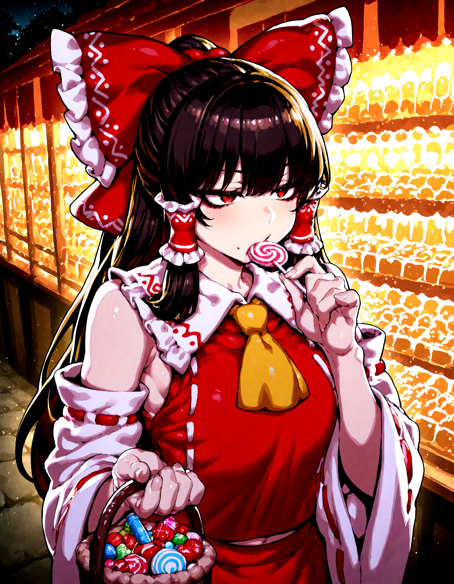 1girl ,hakurei_reimu , CHRC4ND7,  candy, detailed background,
,Fishine, dekosukentr, ireading:0.7,
ï¼masterpiece, best quality, newest, absurdres, highres,
<lora:illustrious_noobai_epsilon_pred_1_best_quality_v1:0.4> ,<lora:illustrious_noobai_epsilon_pred_1_masterpieces_v1:0.4>, <lora:illustrious_noobai_epsilon_pred_11_very_aesthetic_v1:0.4>, <lora:ponyv5_noobV065S_1_adamW:0.6>, <lora:add-detail-xl:0.4>, <lora:GEN(illust) 0.2v:0.6>,<lora:cfg_scale_boost:0.4>, <lora:Christmas_Candy:1>