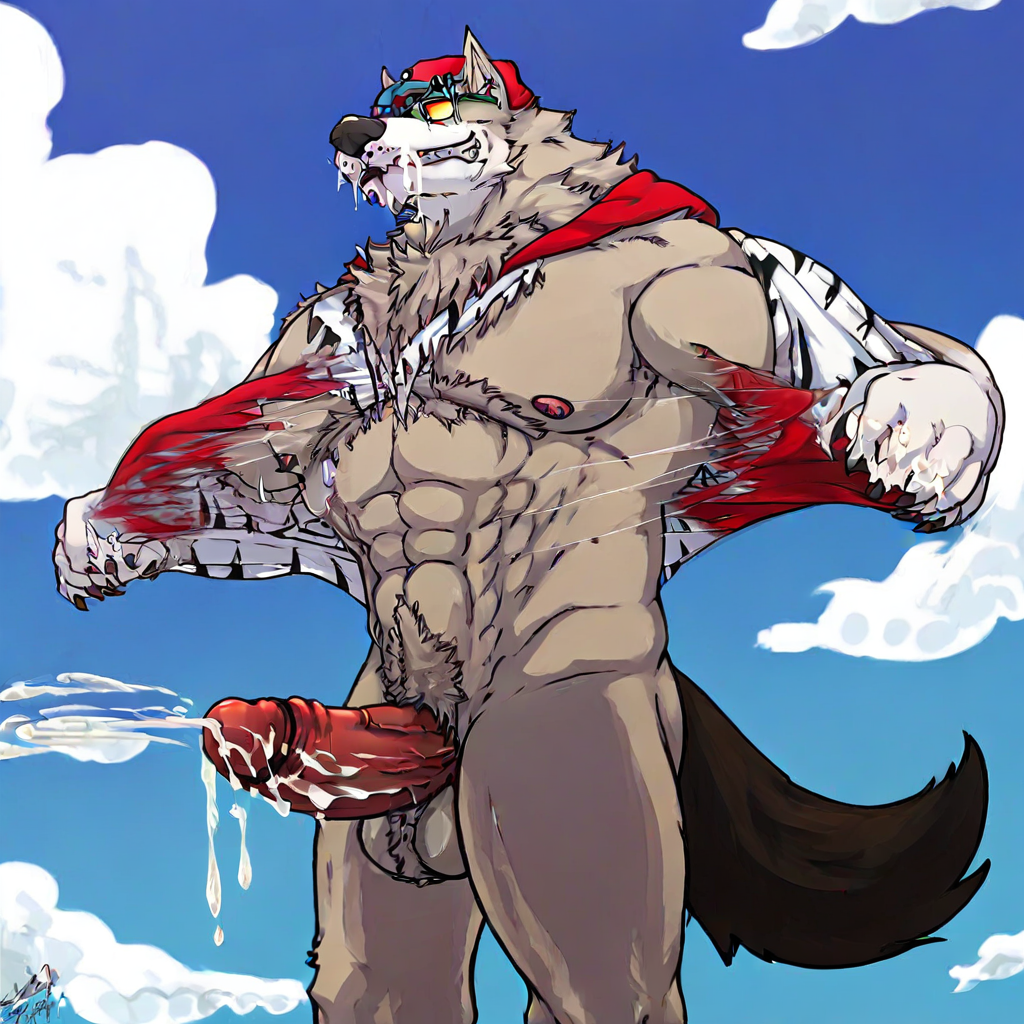 ripping shirt, muscular, claws, sfw furry art, clouds, lowering sun glasses, ripping shirt in half, relaxed posed, projectile cum, very hairy chest, k9 penis, Shadow on the wall, eyes hidden behind sunglasses, portrait, 80s style, solo, cum dripping off hand, cum strands, closed hands, torn shirt, neck fur, indoors, male furry, crossed legs, thonge, neck covered in fur, cum on hand, looking down, Gay furry porn, blue skies, red hood, nsfw, dog tail