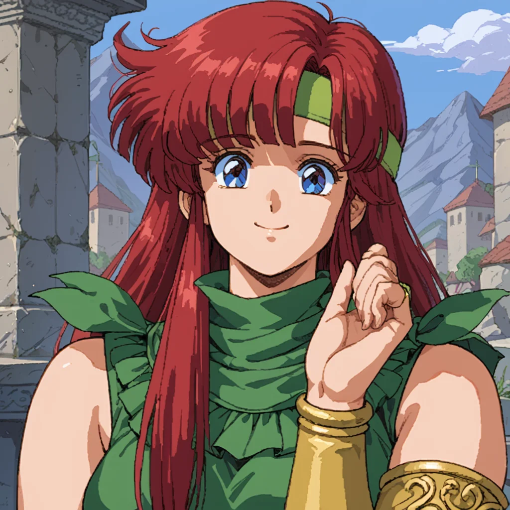 score_9, score_8_up, score_7_up, score_6_up, score_5_up, rating_questionable, source_anime BREAK 1girl, solo, headshot, close-up portrait, DKLuna, DK1Luna, 1girl, bridal gauntlets, smile, green frilled dress, headband, skirt, sleeveless, <lora:DKLuna_SDXL-000005:1.0>