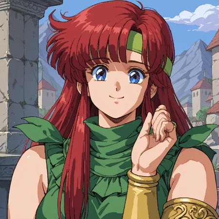 score_9, score_8_up, score_7_up, score_6_up, score_5_up, rating_questionable, source_anime BREAK 1girl, solo, headshot, close-up portrait, DKLuna, DK1Luna, 1girl, bridal gauntlets, smile, green frilled dress, headband, skirt, sleeveless, <lora:DKLuna_SDXL-000005:1.0>