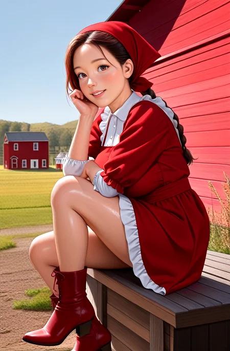 realistic, photorealistic, very aesthetic, best quality, absurdres, masterpiece, best quality, amazing quality, newest, scenery, depth of field, high-resolution, high definition, scenery, 1girl, solo, large breasts, smiling, freckles, bob hairstyle, braid, long hair, brown hair, shiny skin, red Victorian dress, red boots, legs, thighs, red head scarf, barn, farm, Victorian, black background, red theme,, realistic, photorealistic, very aesthetic, best quality, absurdres, masterpiece, best quality, amazing quality, newest, scenery, depth of field, realistic, photorealistic, very aesthetic, best quality, absurdres, masterpiece, best quality, amazing quality, newest, scenery, depth of field