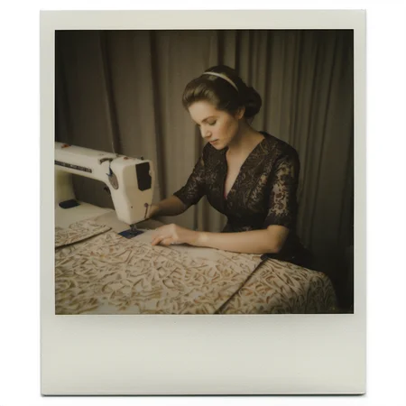 polaroid of A tailor, sewing intricate patterns, on a royal garment.  <lora:Polaroid_XL:1>