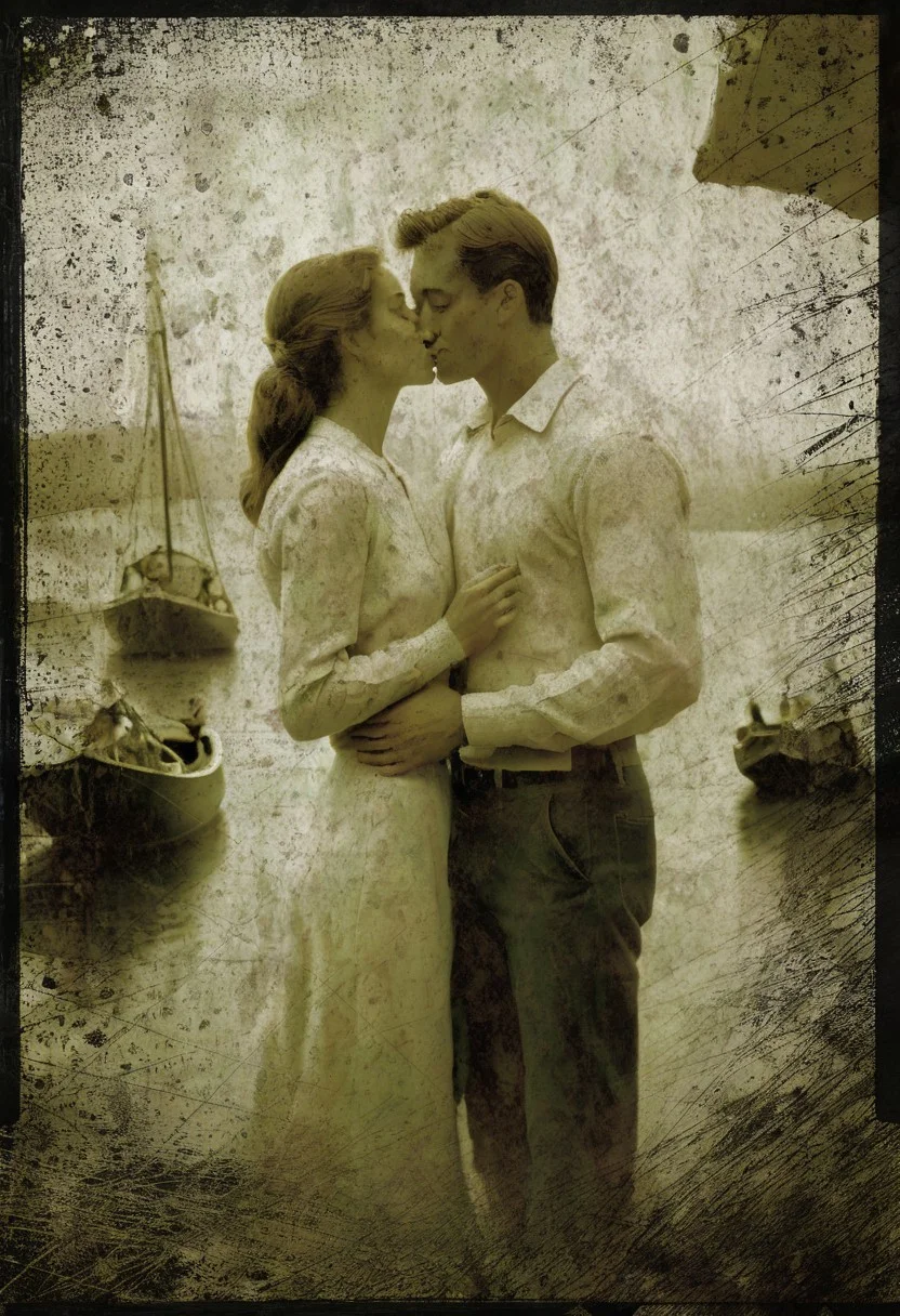 klskx , AgedSepiaCE, masterpiece, best quality, amazing quality, 1900s dock at sunset, raining, sailing schooner in background, two lovers dressed in 1920's attire, kissing in the middle of the scene, perfect composition, highly detailed background, 1man, 1woman, standing on dock, passionate romantic kiss, depth of field, ((((kissing)))), passion, love , masterpiece, best quality