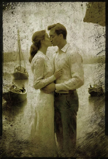 klskx , AgedSepiaCE, masterpiece, best quality, amazing quality, 1900s dock at sunset, raining, sailing schooner in background, two lovers dressed in 1920's attire, kissing in the middle of the scene, perfect composition, highly detailed background, 1man, 1woman, standing on dock, passionate romantic kiss, depth of field, ((((kissing)))), passion, love , masterpiece, best quality
