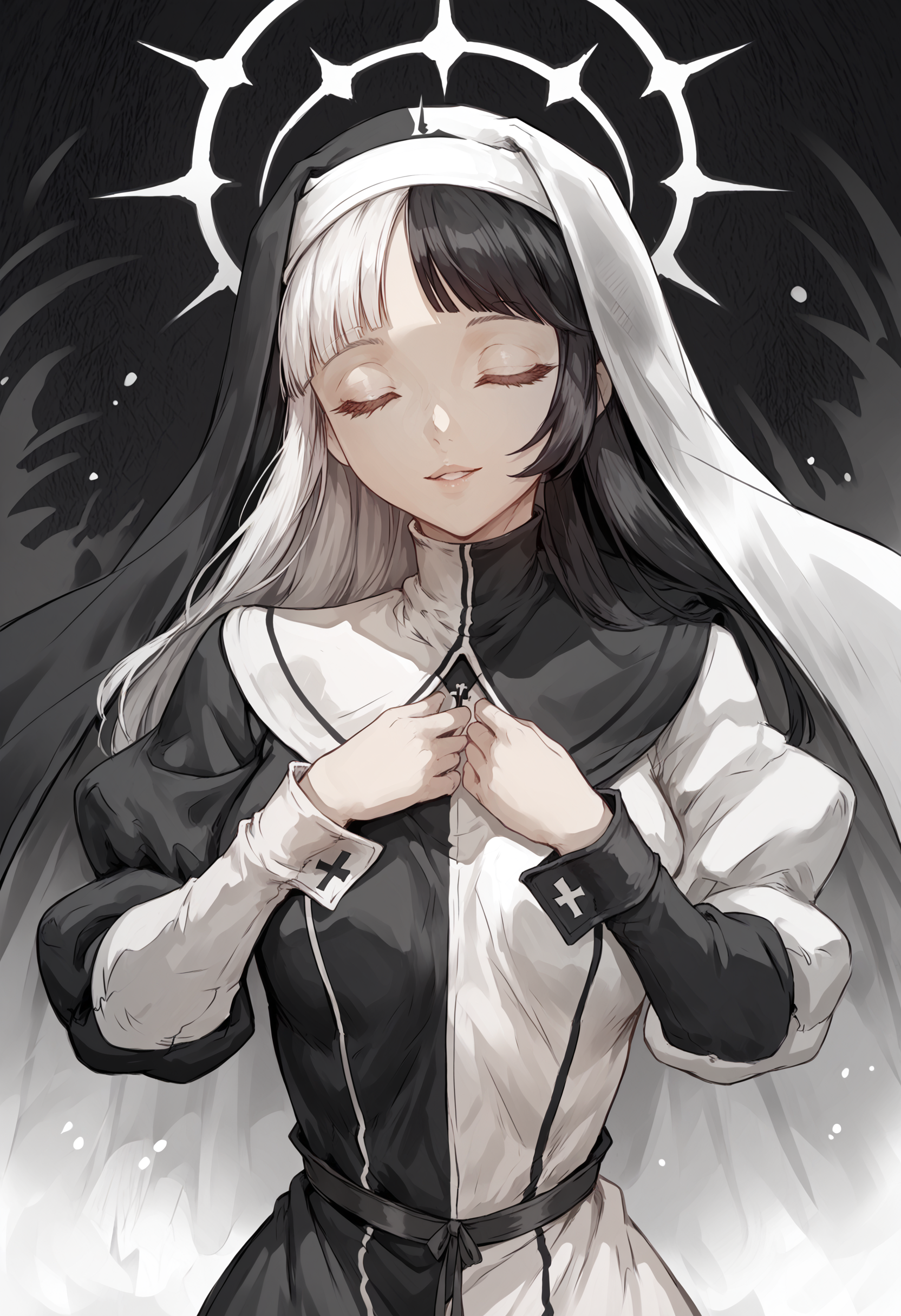 score_9,score_8_up,score_7_up, score_6_up, nun, female, solo, closed eyes, habit, long dress, puffy sleeves, long sleeves, hands together, hand on own chest, sleeve cuffs, medium breasts, upper body, facing viewer, dual persona, hand on hand, two-tone dress, two-tone background, (church, temple, columns, stained glass, detailed background:0.25), abstract background, symmetry, palms together, 
monochrome, black dress, habit, black veil, black background, white slee cuffs, light smile, parted lips, white hair, straight hair, blunt bangs, sidelocks, front view, closed eyes,
monochrome, white dress, habit, white veil, white sleeves, white background, light smile, black sleeve cuffs, parted lips,black hair, straight hair, swept bangs, blunt bangs, sidelocks, front view, closed eyes,