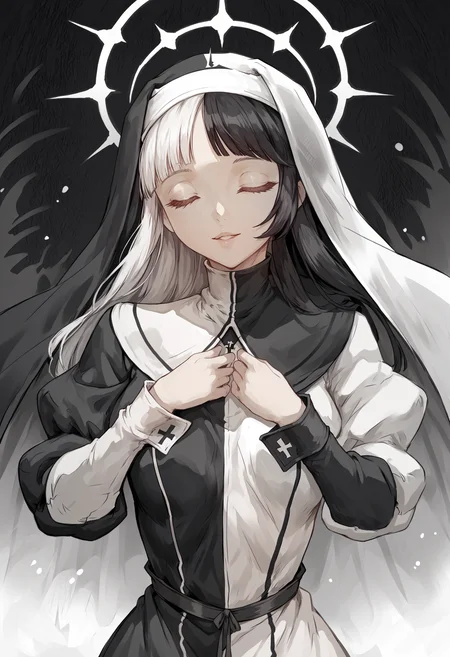 score_9,score_8_up,score_7_up, score_6_up, nun, female, solo, closed eyes, habit, long dress, puffy sleeves, long sleeves, hands together, hand on own chest, sleeve cuffs, medium breasts, upper body, facing viewer, dual persona, hand on hand, two-tone dress, two-tone background, (church, temple, columns, stained glass, detailed background:0.25), abstract background, symmetry, palms together,
monochrome, black dress, habit, black veil, black background, white slee cuffs, light smile, parted lips, white hair, straight hair, blunt bangs, sidelocks, front view, closed eyes,
monochrome, white dress, habit, white veil, white sleeves, white background, light smile, black sleeve cuffs, parted lips,black hair, straight hair, swept bangs, blunt bangs, sidelocks, front view, closed eyes,