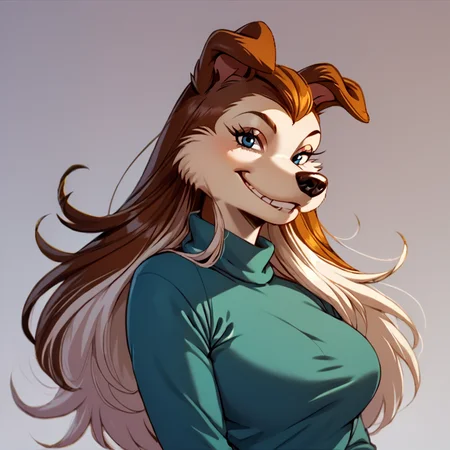 score_9, score_8_up, score_7_up, score_6_up, score_5_up, score_4_up, (Source furry), (rating safe), <lora:ColleenXL:0.8>, 1girl, solo, breasts, looking at viewer, smile, brown hair, shirt, animal ears, upper body, teeth, grin, turtleneck, dog ears, retro artstyle, animal nose, snout, dog girl, colleen, blue eyes, two-tone hair, two-tone fur, furry, furry female, long hair, <lora:RealisticAnime:1>