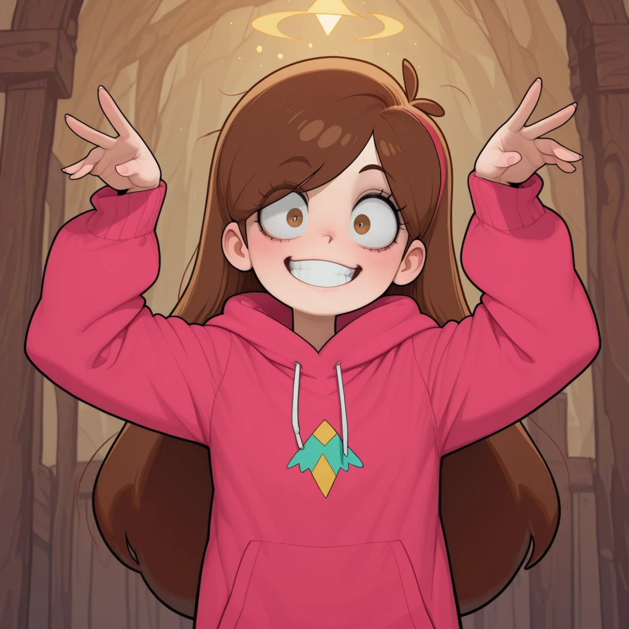 1girl,
Mabel Pines from Gravity Falls
official style,
,
grin
excited pose,
wide eyed
,
<lora:DarkfireStyle12:1.25>