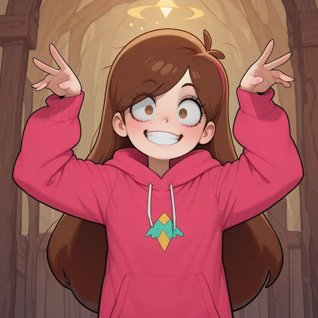 1girl,
Mabel Pines from Gravity Falls
official style,
,
grin
excited pose,
wide eyed
,
<lora:DarkfireStyle12:1.25>