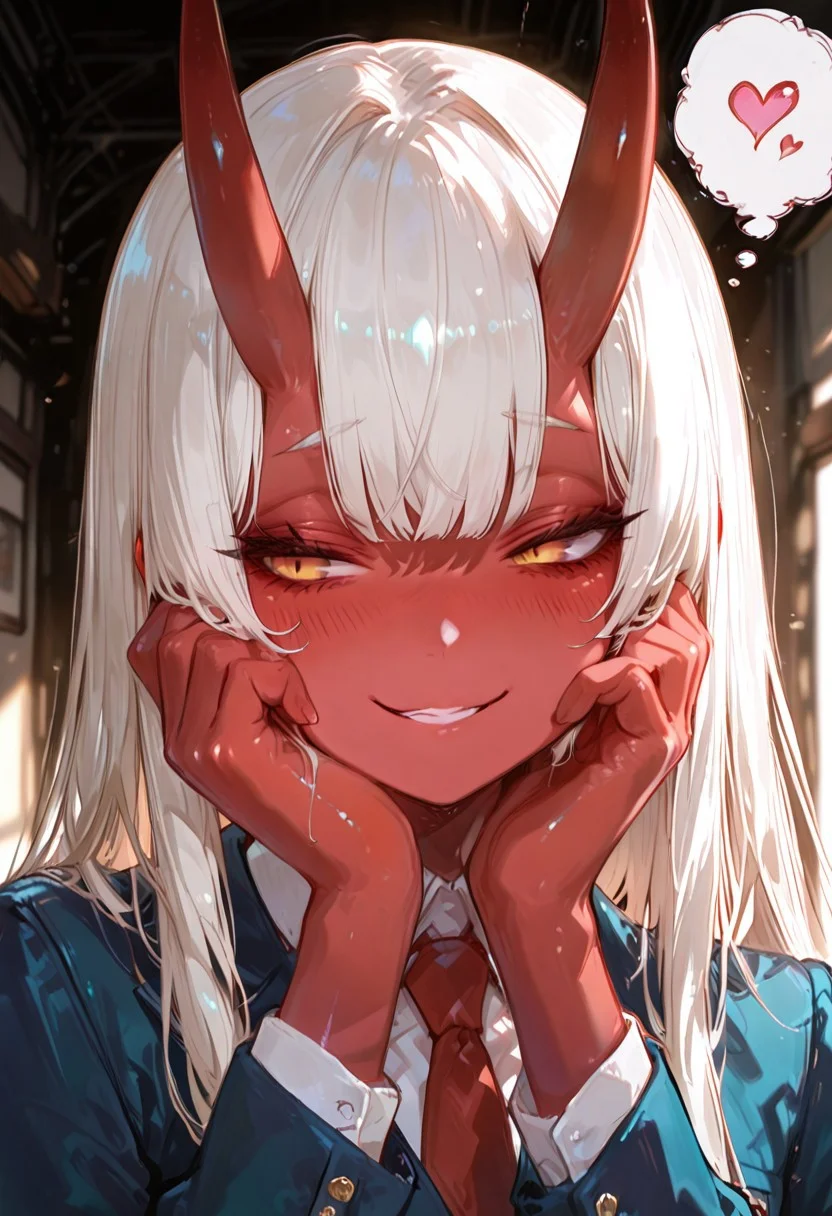masterpiece, best quality, good quality, newest, highres, absurdres, volumetric lighting,gradient color,
BREAK
raytracing, volumetric lighting, ambient occlusion, girl, luminescent background, masterpiece, best quality, very awa, absurdres,
BREAK
Aka-Oni, oni, colored skin, (red skin:1.3), straight horns, solo, long hair, model style,
evil eyes, evil, bullying, sinister,
BREAK
masterpiece,amazing quality,best quality,ultra-detailed,8K,illustration,CG,shiny hair,clear skin,ultra-detailed-eyes,detailed background,cute girl, eyelashes
BREAK,
collared shirt, red necktie, blue blazer, blush, yandere smile, happy, portrait, upper body, looking at another, look down, looking to the side, hand on own cheek, heart, thought bubble, spoken heart, blood,