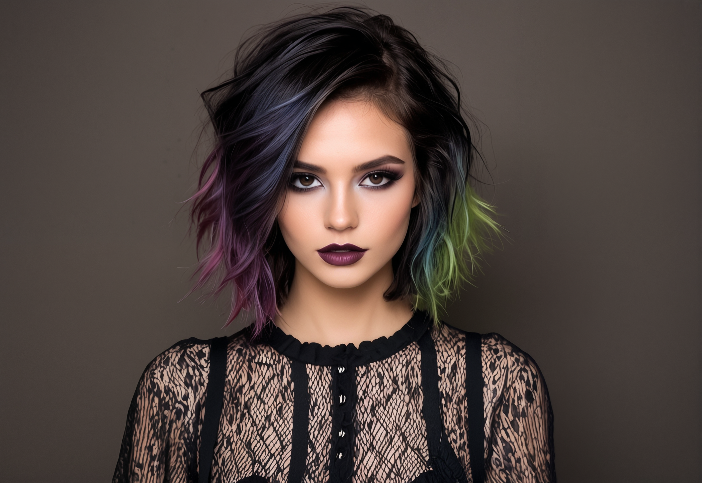 Dark Fantasy Art, (masculine pose:1.25), (casual dress:1.25), (professional photo, balanced photo, balanced exposure:1.2), portrait, (woman 24-years-old :1.15), well-built, (hazel eyes:1.05), (black lips:1.05), (cupid's bow lips:1.05), (multicolored hair color:1.05), (medium hair length:1.05), disheveled, (anime makeup:1.05), (black make-up color:1.05), (eyeshadow make-up:1.05), (eyeliner make-up:1.05), (mascara make-up:1.05), (lipstick make-up:1.05), (lip gloss make-up:1.05), detailed body, detailed face, solo shot, chobbybobcut, dark, moody, dark fantasy style,<lora:Chobby_Bob_Cut.safetensors:1.0:1.0>,,