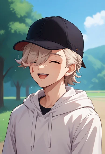 score_9, score_7_up, source_anime
lyney, 1boy, male focus, solo, closed eyes, blonde hair, short hair, braid, hair over one eye, teardrop facial mark, hat, baseball cap, hoodie, smile, open mouth,
outdoor,