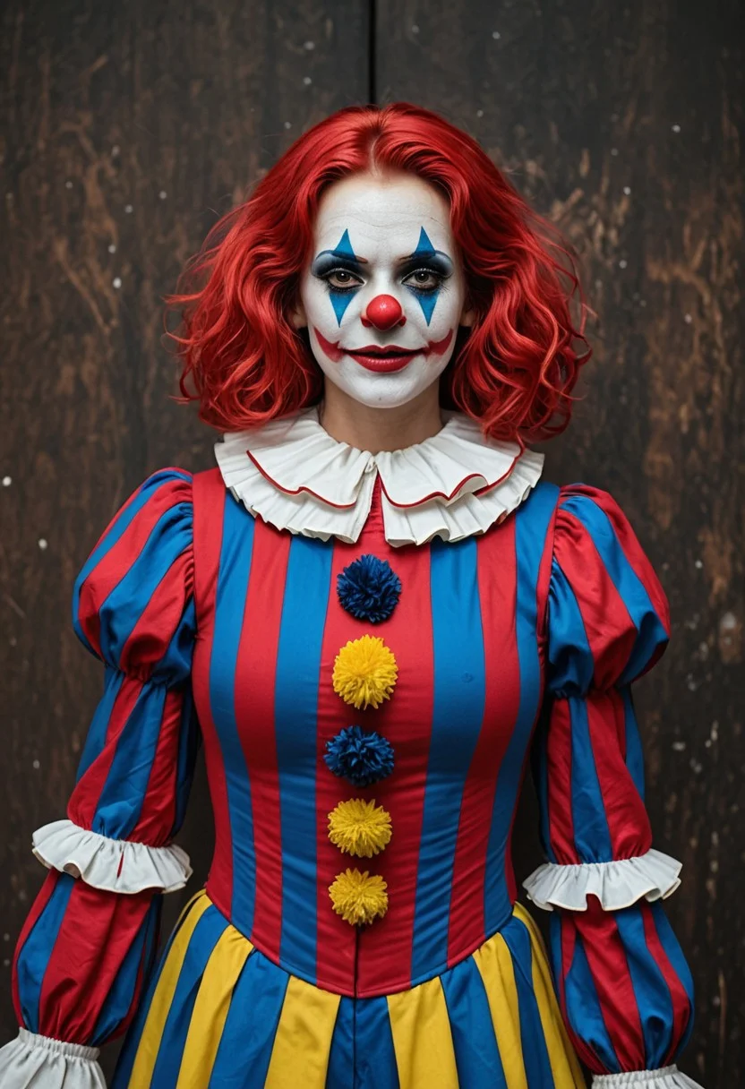 masterpiece, best quality, amazing quality, 1girl,
clown, clown clothes, painted face, red hair,