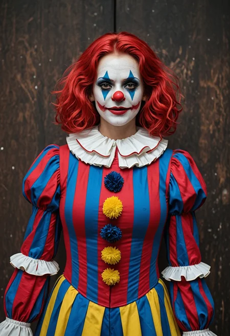masterpiece, best quality, amazing quality, 1girl,
clown, clown clothes, painted face, red hair,