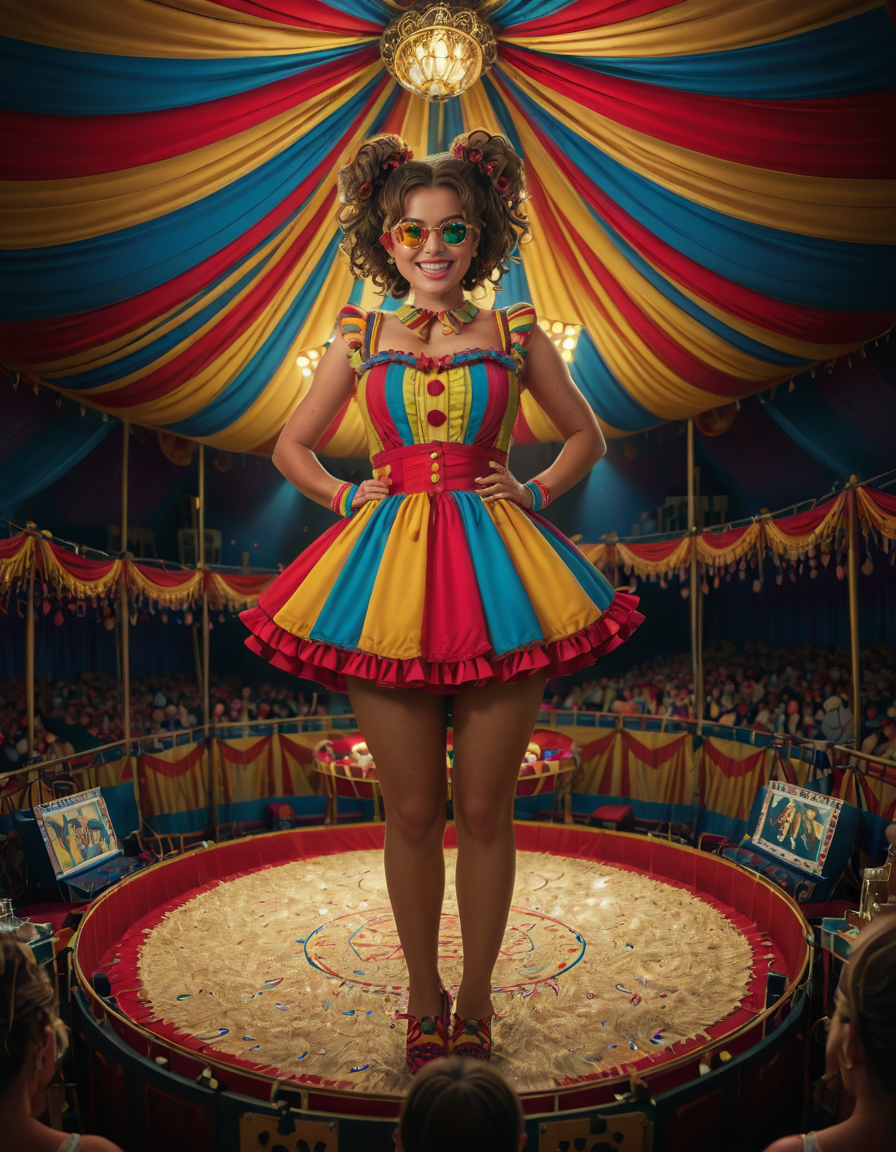 focus on woman face,rating_safe,A vibrant and colorful scene inside a grand circus tent,grand c1rcus, featuring a woman dressed as a whimsical clown. She is wearing an elaborate costume with a mix of bold patternsâred and white stripes, polka dots, and bright yellow accents. Her hair is styled in playful, oversized curls, dyed in shades of blue and pink. She is standing center stage, under a spotlight that casts a warm glow, making her sequined outfit sparkle. Her pose is dynamic and engaging, as if she is about to perform a trick or joke, with a wide, inviting smile. The background showcases the lively atmosphere of the circus, with colorful banners, a large audience in shadowy rows, and hints of other performers or props like juggling pins or unicycles. The overall lighting is bright and cheerful, emphasizing the magical, festive mood of the circus.<lora:SDXLFaeTastic2400:0.4> <lora:extremely_detailed:0.4> extremely detailed, <lora:grand_c1rcus:1>, Masterpiece,best quality,hi res,8k,hi res,8k,award winning,(sharp focus, intricate, highly detailed),