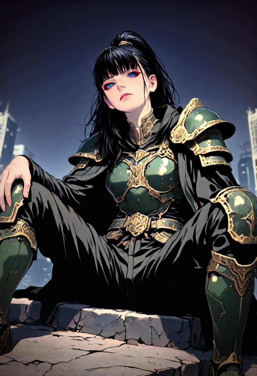 m4gicall1nes, hassaku_illu,sinozick_illu,in the style of cksc,, masterpiece,  depth of field, best quality, amazing quality, very aesthetic,very awa,
1girl, solo, sexy, cute, nordic facial features, 20 years old, 
heavy armor, metal armor, engraved armor, black hair, long hair, high ponytail, wind effect in hair, dark green armor, pale red armor, archaic armor design, massive armor, look at viewer, bright blue eyes, glowign eyes, athletic, thicc,
black uniform over shoulders, military coat design, strict coat,
sits on the broken fundament,leans back against brick wall, spread legs, manly pose, leans on knees, broken sword in the ground, 
hi-tech with fantasy, futurism in magic world, cyberpunk style with warhammer influence, 
dutch angle, epic angle shot, wallpaper, from below, from side,
simple background, dark background, ruined cityscape, fantasy background,
(detailed outfit:1.4), (seamless:1.3), 
dark fantasy, dark dramatic palette, dim lit, contrast lit, shade, dappled moonlight, 
<lora:ck-shadow-circuit-IL:0.6> <lora:illustriousXLv01_stabilizer_v1.121:0.3> <lora:iLLMythM4gicalL1nes:0.35> <lora:HassaKu_style:0.4> <lora:Sinozick_style:0.15>