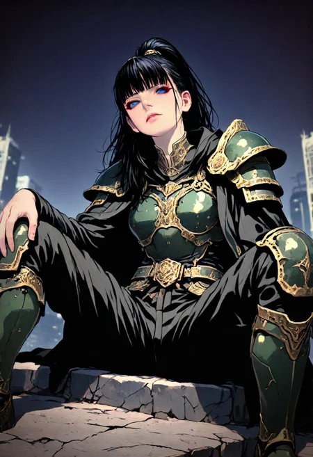 m4gicall1nes, hassaku_illu,sinozick_illu,in the style of cksc,, masterpiece, depth of field, best quality, amazing quality, very aesthetic,very awa,
1girl, solo, sexy, cute, nordic facial features, 20 years old,
heavy armor, metal armor, engraved armor, black hair, long hair, high ponytail, wind effect in hair, dark green armor, pale red armor, archaic armor design, massive armor, look at viewer, bright blue eyes, glowign eyes, athletic, thicc,
black uniform over shoulders, military coat design, strict coat,
sits on the broken fundament,leans back against brick wall, spread legs, manly pose, leans on knees, broken sword in the ground,
hi-tech with fantasy, futurism in magic world, cyberpunk style with warhammer influence,
dutch angle, epic angle shot, wallpaper, from below, from side,
simple background, dark background, ruined cityscape, fantasy background,
(detailed outfit:1.4), (seamless:1.3),
dark fantasy, dark dramatic palette, dim lit, contrast lit, shade, dappled moonlight,
<lora:ck-shadow-circuit-IL:0.6> <lora:illustriousXLv01_stabilizer_v1.121:0.3> <lora:iLLMythM4gicalL1nes:0.35> <lora:HassaKu_style:0.4> <lora:Sinozick_style:0.15>