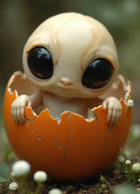 Hyperrealistic close-up photograph of an otherworldly being emerging from a large, cracking orange egg. The creature has an oversized, oval-shaped head with enormous, glossy black eyes that dominate its face. Its skin is pale and smooth, with a slightly translucent quality. A tiny, barely visible nose sits between the eyes, and no visible mouth.
The egg shell, captured in vivid detail, shows a rough, matte texture with intricate cracks spreading across its surface. The creature's delicate, human-like hands grip the edges of the broken shell, conveying a sense of cautious exploration.
The background is slightly out of focus, featuring soft, muted tones of green and brown, suggesting a natural, possibly forest-like setting. Small, round white flowers or seed pods are visible, adding depth to the scene.
Lighting is soft and diffused, creating subtle shadows that accentuate the textures of the egg shell and the being's skin. The image captures minute details with exceptional clarity: the fine lines in the creature's hands, the jagged edges of the cracked egg, and the reflections in its eyes.
