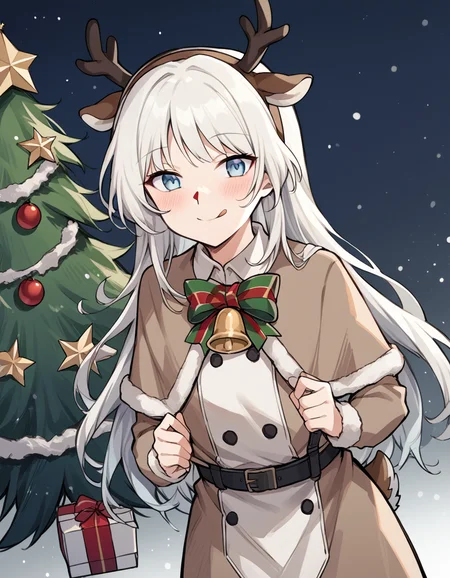 score_9, score_8_up, score_7_up, source_anime, <lora:girlsfrontline-an-94-ponyxl-lora-nochekaiser:1>, an-94, an-94 (girl's frontline), long hair, blue eyes, white hair,, <lora:reindeer-costume-ponyxl-lora-nochekaiser:1>, reindeer costume, animal costume, reindeer antlers, antlers, fake antlers, reindeer hood, christmas, red nose, deer ears, deer tail, christmas tree, bell, horns, reindeer,, blush, smile, tongue out, looking at viewer,, , dutch angle, cowboy shot