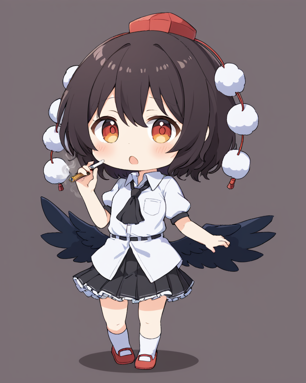 shameimaru aya,1girl, solo, smoke, tokin_hat, white_background, white_shirt, red_headwear, black_wings, black_skirt, collared_shirt, shadow, puffy_short_sleeves, black_ascot, mini_wings, blush, frilled_skirt, chibi, socks, looking_at_viewer, pom_pom_\(clothes\), full_body, seiza, simple_background, feathered_wings, smoking, no_shoes, open_mouth, pleated_skirt, wavy_mouth
<lora:shameimaru_aya_image5713_2023-12-20-000004:1>,star-shaped_pupils,symbol-shaped_pupils,. gorgeous,key visual, vibrant, studio anime,award-winning, professional, highly detailed,high budget, cinemascope
