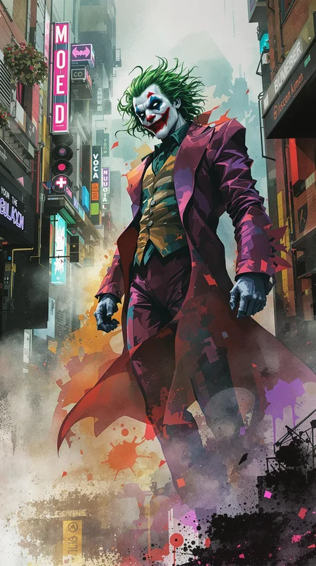 Joker, urban comics, DC, sci-fi, high tech, iconographic, glitchy backgrounds, watercolor, ink, fog, interactivity, high detail, art style by Clayton Crane + Ross Tran + Rachel Walpole + Jessica LeVay + Dan Walbert + Simon Stålenhag + Brian Stelfreeze