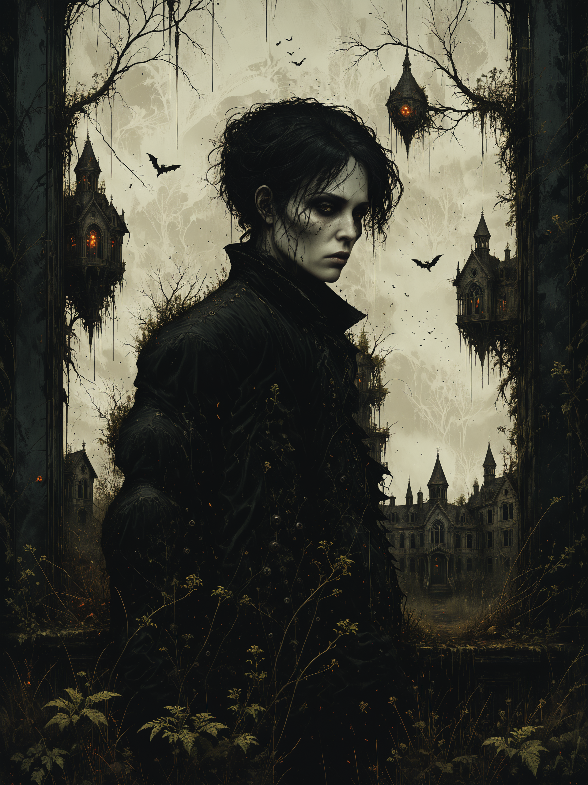 macabre style, digital illustration of Rogue scientist experimenting with forbidden tech, Abandoned, overgrown asylum with broken windows in the background,, dark, gothic, grim, haunting, highly detailed smooth, artstation, digital illustration by Ruan Jia and Mandy Jurgens and Artgerm and Wayne Barlowe and Greg Rutkowski and Zdislav Beksinski   <lora:Misty_Vintage:0.7> <lora:xl_more_art-full_v1:0.3>