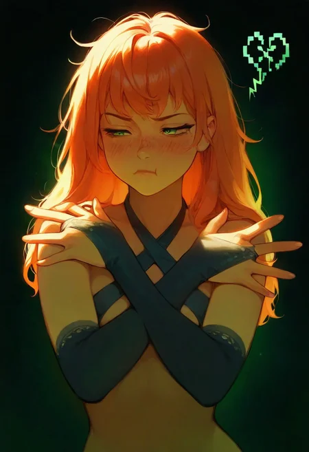 1girl, solo, green eyes, freckles, tired, tired eyes, Ginger, redhead, lips, pout, x arms, hands up, bridal gauntlets,  criss-cross halter, blush, facing to the side, sidelighting, broken heart in speech bubble, green light rays, masterpiece, best quality, very aesthetic,