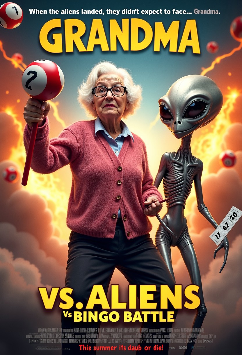 A hilariously unexpected movie poster titled "Granny vs. Aliens: The Final Bingo Battle." The central image features an elderly woman with a determined expression, gripping a giant bingo dauber like a weapon in one hand, while the other hand holds a knitting needle ready for action. She’s wearing a fluffy pink cardigan and large glasses that make her look every bit the sweet grandma, but her stance is fierce and action-hero-like. 
Beside her stands a confused and slightly intimidated alien, with big, glowing eyes and a shiny silver suit, clutching a bingo card as if it’s an alien artifact. They’re surrounded by a bright, exaggerated explosion in the background, complete with flying bingo balls that have the numbers glowing brightly. The tagline at the top reads, “When the aliens landed, they didn’t expect to face... Grandma!” 
At the bottom, in smaller text, it humorously proclaims: “This summer, it's daub or die!” The overall vibe is a mix of classic sci-fi and over-the-top action comedy, capturing the absurdity of this unlikely duo.