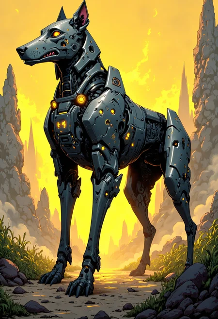 masterpiece, high-quality, A robotic canine standing guard at the edge of a glowing alien marsh, its angular limbs and sharp features traced in bold line art, Faint pulsating lights emanate from its core casting reflections on the otherworldly terrain, glowing core, angular limbs, bold line art, surreal terrain, (elaborate fine details:1.1), (hyperdetailed:1.1), (intricate details:1.0), (Refined details:1.1), (best quality:1.1), (high resolution:1.2),,