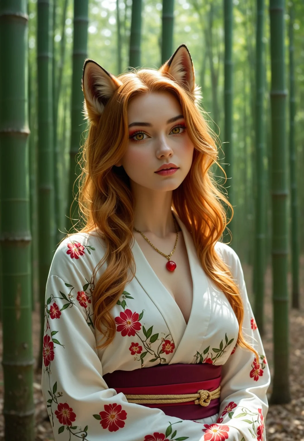 An enchanting kitsune with soft, fox-like ears and nine fluffy tails that shimmer with a magical aura. Her hair is a vibrant shade of fiery red, cascading down her back in gentle waves. Her skin is smooth and porcelain-like, with a subtle glow that enhances her mystical allure. Her eyes are a captivating golden hue, filled with ancient wisdom and a playful spark. Delicate, arched eyebrows frame her expressive gaze. Her nose is small and slightly upturned, adding to her charming appearance. Her lips are full and rosy, slightly parted as if whispering secrets of the forest. Her slender shoulders are bare, revealing intricate, glowing tattoos of cherry blossoms and vines. Her chest is adorned with a necklace of polished jade stones, highlighting her graceful form. Her abdomen is toned and supple, leading to a slender waist. Her lower body is draped in a flowing, silken kimono, adorned with patterns of foxes and moonlit landscapes, revealing her lithe figure. She stands in a serene bamboo forest, surrounded by the soft rustling of leaves and the scent of blooming flowers, the air filled with the tranquil sounds of nature. Moonlight filters through the bamboo, casting a soft glow on her enchanting features. Her eyes are open, gazing at the world with a sense of curiosity and mischief. An enchanting kitsune in a bamboo forest.
(kitsune, half body, fully clothed)
<lora:add-detail-xl:1>