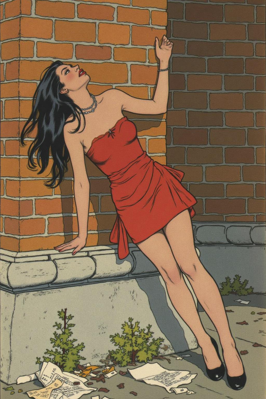 ivanbilibin1 illustration. 
A woman leaning against a brick wall, set in an urban environment. She has long black hair flowing loosely and wears a short, strapless red dress that clings to her figure, emphasizing a sense of motion and sensuality. Her pose is dramatic, with her arms stretched against the wall and her head tilted slightly back, exuding a sense of vulnerability and allure. She is wearing black high-heeled shoes, and the ground below features scattered papers and debris, adding a gritty urban atmosphere. The brick wall and stone base provide a textured backdrop with warm tones, contrasting with the bold red of her dress.    <lora:ivanbilibin1_cap_d6a3:1.0><lora:835907576475525110:0>