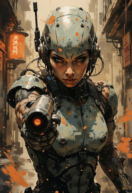 in the style of ck-mgs, nistyle, A dinkfsn style ink wash painting, Inkplash art on rice paper, sepia, henna , Silhouette Art, magnificent, inksplash closeup portrait of high-end cyborg female battle robot, white ceramic material, looking at viewer, mechanical eyes, aiming blaster gun at viewer, dimly illuminated cyberpunk corridor, bokeh