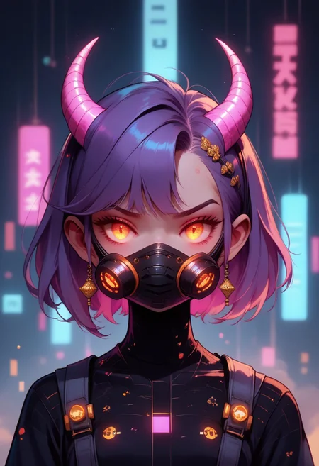 (score_9,score_8_up,score_7_up,score_6_up), moves with fluid grace,their luminescent skin reflecting the neon glow of the futuristic skyline. Their otherworldly eyes,pulsating with hues of violet and amber,scowl,body scales,portrait,wearing a full faced mask,emitting glowing energy,intense gaze,hair made of gold,small breasts, kawaii cyberpunk, kawaii cyberpunk style, vibrant, pastel color palette, dynamic hair design, kawaii clothing style, tech-inspired accessories, glowing effects, kawaii aesthetic, chibi aesthetic, whimsical floating objects, popping visual effects, fantasy elements, detailed accessories